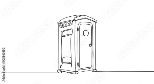 Portable plastic toilet cabin illustration created with a single continuous black line, showcasing a minimalist and modern artistic drawing of a temporary public restroom