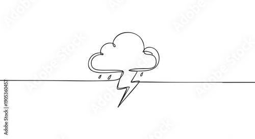 Continuous one line drawing of a storm cloud with lightning and rain, a minimalist black and white weather symbol representing a thunderstorm and bad weather concept