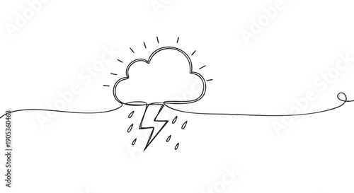 Continuous one line drawing of a storm cloud with lightning and rain in a minimalist doodle art style representing bad weather, depression, or a difficult situation