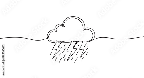 Continuous single line drawing of a storm cloud with lightning and rain illustrates a concept of bad weather, anger, or depression in a minimalist black and white sketch style