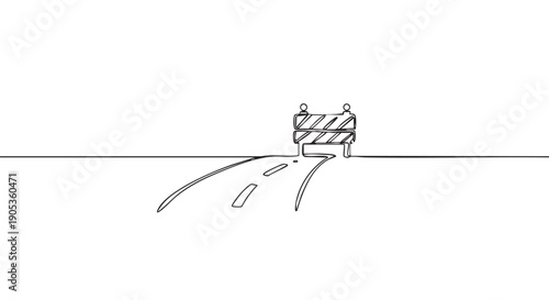 Road leading to a dead end blocked by a construction barrier, illustrated in a minimalist single continuous line drawing style symbolizing an obstacle, restriction, or challenge