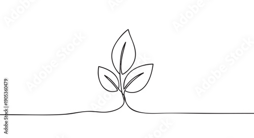 Continuous single line drawing of a small plant sprout with three leaves, symbolizing growth, nature, and ecology with a minimalist, elegant, and clean artistic aesthetic