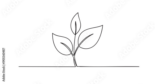 Small plant sprout with three leaves drawn in a continuous single line art style, symbolizing growth, nature, and new beginnings in a minimalist black and white illustration