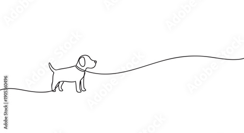 Small dog drawn in a continuous single line style stands on the left side, with the black line extending across the frame in a simple, minimalist black and white illustration