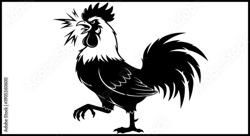 Rooster Crowing Loudly with Feathers and Comb Detailed.