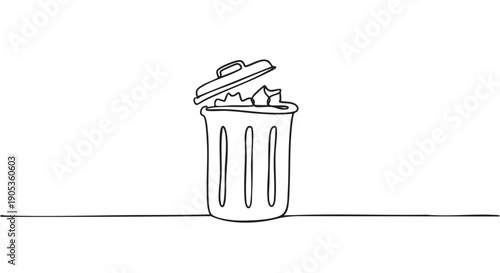 One line art illustration of a full trash can with crumpled paper and an open lid, a minimalist black and white graphic icon for waste, disposal, and recycling