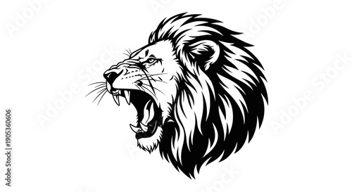 Roaring Lion Head Black and White Illustration.