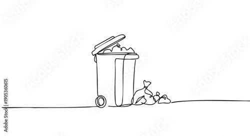 Continuous one-line drawing of an overflowing trash can with garbage bags on the side, rendered in a minimalist black and white illustrative style for environmental concepts