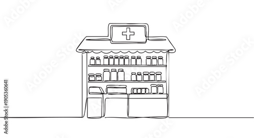 Pharmacy store kiosk drawn in a single continuous line, featuring a prominent medical cross sign above shelves stocked with various medicine bottles and health product boxes