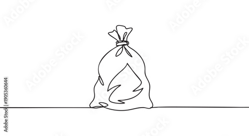 Tied garbage bag with a recycling symbol drawn in a single continuous line, illustrating concepts of waste management, ecology, and environmental protection in a minimalist style