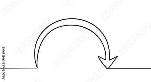 Continuous single line drawing of an arching arrow pointing down symbolizes a return, rebound, or turnaround in a minimalist black and white hand-drawn illustration style