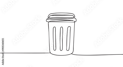 Trash can with a closed lid drawn in a continuous single line art style, representing concepts of waste, recycling, and environmental cleanliness in a minimalist graphic