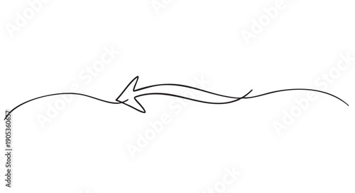 Hand drawn continuous single line arrow pointing left on a flowing, wavy path in a minimalist doodle style, symbolizing a return, previous, or backward movement concept