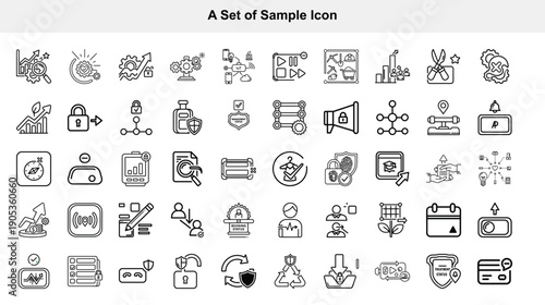 Collection of diverse black and white line icons depicting various concepts and objects