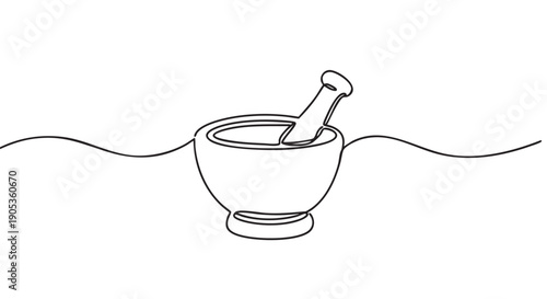 Mortar and pestle continuous one line drawing in a minimalist black and white style, an elegant sketch representing pharmacy, herbal medicine, cooking, and apothecary concepts