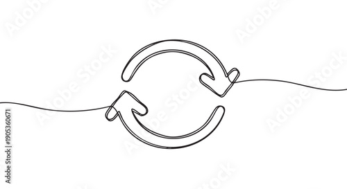 Continuous one line drawing of two arrows forming a circular refresh symbol in a minimalist hand-drawn style representing recycling, looping, and constant exchange