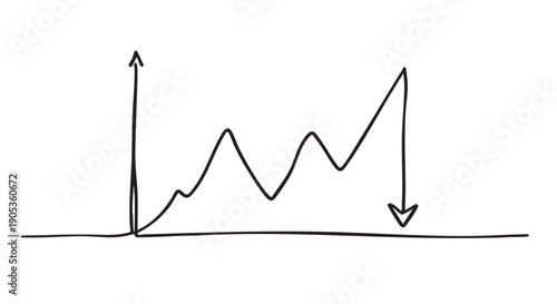 Hand drawn black line graph showing market volatility, a sudden financial crash, and economic recession with a sharp downward arrow indicating a dramatic business failure or loss