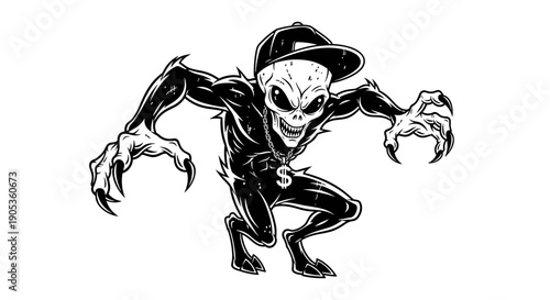 Scary Alien Character Wearing a Baseball Cap and Necklace.