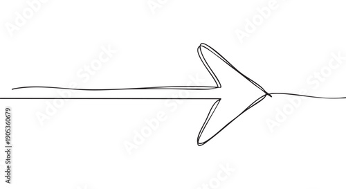 Single continuous black line drawing of an arrow pointing right in a minimalist, hand-drawn doodle style, symbolizing direction, progress, and forward movement
