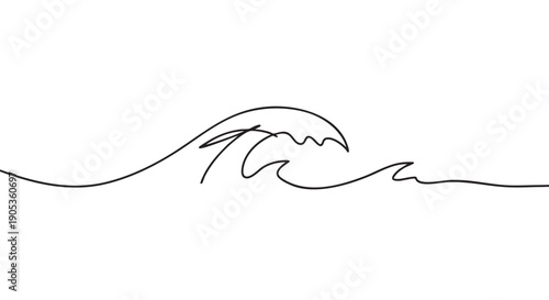 Single continuous black line drawing of an ocean wave in a minimalist, elegant style representing the sea, surfing, and the simple beauty of nature's flow