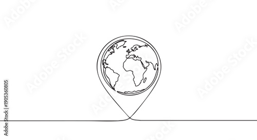 Location pin with the planet Earth inside drawn in a continuous single line art style, symbolizing global positioning, international travel, worldwide navigation, and destination