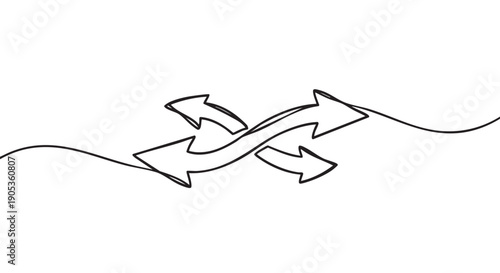 Continuous single line drawing of four arrows pointing in multiple directions, representing the concept of choice, crossroads, options, and strategic decision making
