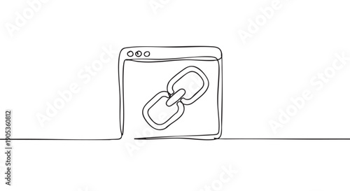 Single continuous line drawing of a browser window with a chain link icon symbolizing a hyperlink, internet connection, and digital networking in a minimalist style