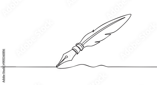 Single continuous line drawing of a quill pen writing a wavy signature on a surface in a minimalist, elegant style representing literature, poetry, and classic education