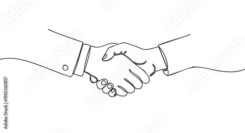 Continuous one line drawing of a handshake between two people in business suits, a minimalist black and white illustration symbolizing agreement, partnership, and a successful deal