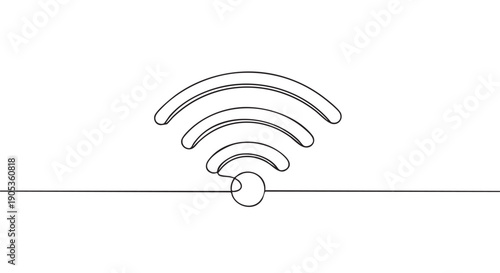 Continuous one-line drawing of a Wi-Fi symbol representing internet connectivity and wireless technology in a minimalist, elegant, and simple black line art illustration