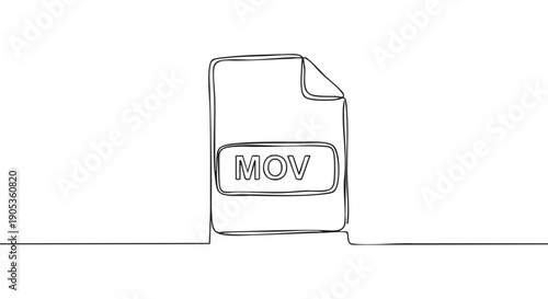 MOV video file format icon drawn in a single continuous black line, featuring a minimalist dog-eared document symbol for digital media and multimedia concepts