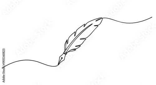 Single continuous line drawing of a feather quill pen creating a smooth, elegant stroke in a minimalist black and white artistic style representing writing, poetry, and literature