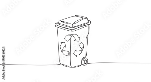 Recycling bin with a closed lid drawn in a single continuous black line, featuring the universal recycling symbol with three arrows in a minimalist and modern artistic style