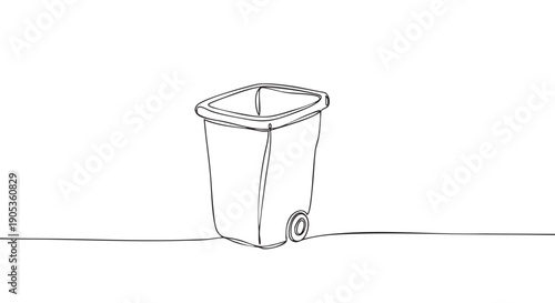 Open wheeled garbage bin illustrated with a single unbroken black line, creating a simple, clean, and modern aesthetic for ecology and disposal themes
