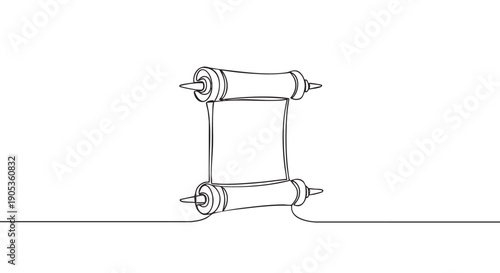 Ancient blank paper scroll with decorative handles drawn in a minimalist one line art style, symbolizing history, literature, and important messages