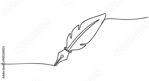 Black feather quill pen drawing a continuous single line in a minimalist one-line art style, symbolizing writing, literature, poetry, and classic calligraphy
