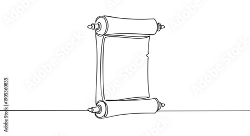 Ancient scroll drawn in a continuous single line art style, unrolled vertically to reveal a blank manuscript in a minimalist and elegant illustration