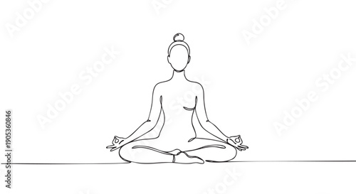 Continuous one line drawing of a woman sitting in a lotus yoga pose for meditation, a minimalist black and white sketch representing wellness, mindfulness, and inner peace