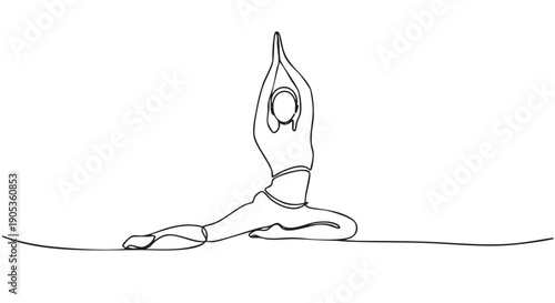 Continuous single line drawing of a woman in a yoga pose with arms raised overhead, a minimalist black and white illustration representing wellness, balance, and flexibility