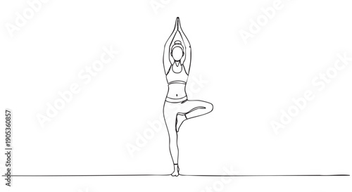 Continuous one line drawing of a woman in a tree yoga pose, a minimalist black and white illustration of a female figure practicing Vrikshasana for balance and wellness