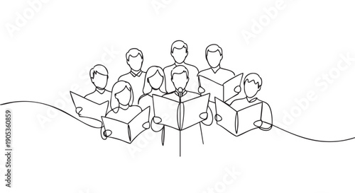 Group of choir singers performing a song together from music books in a minimalist continuous one line drawing, with a vocalist singing into a microphone in an elegant sketch illustration
