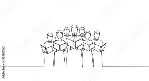 Continuous line drawing of a choir singing together from music books, a minimalist black and white illustration depicting a group of performers in a harmonious concert