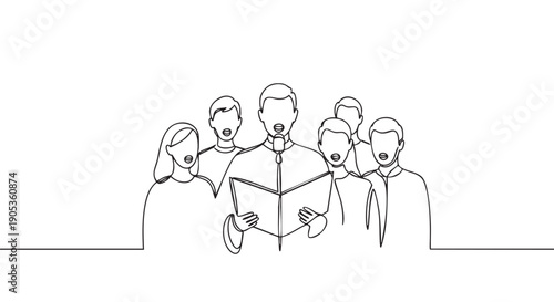 Choir of men and women singing in harmony, depicted in a minimalist continuous single line art illustration with a soloist holding a songbook and using a microphone