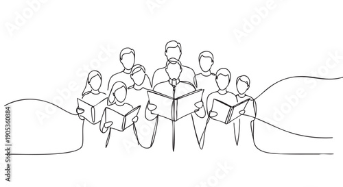 Group of choir singers holding songbooks and singing together in a continuous single line drawing style, a minimalist black and white illustration of a vocal ensemble performance