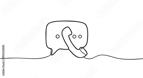 Continuous one line drawing of a speech bubble and telephone receiver representing customer service, communication, and support in a minimalist black and white graphic illustration style