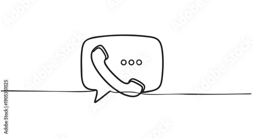 Telephone receiver inside a speech bubble drawn with a single continuous black line, representing communication, customer support, contact, and conversation concepts