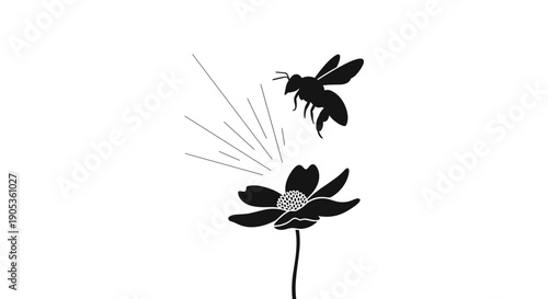 Silhouette of a bee approaching a flower.