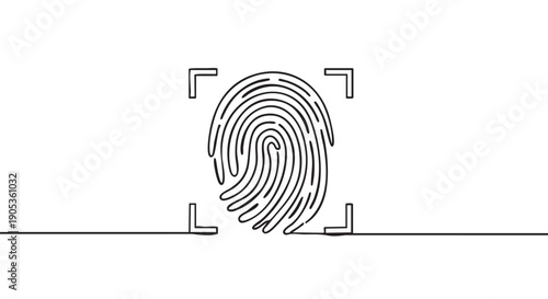Single continuous black line drawing of a fingerprint inside a scanner frame, a minimalist icon for biometric identification, cybersecurity, and digital authentication