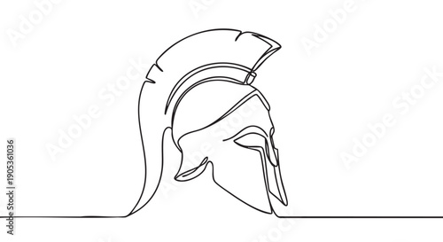 Ancient Greek Spartan warrior helmet drawn with a single continuous black line in a minimalist and elegant artistic style, showing the classic Corinthian design with a crest