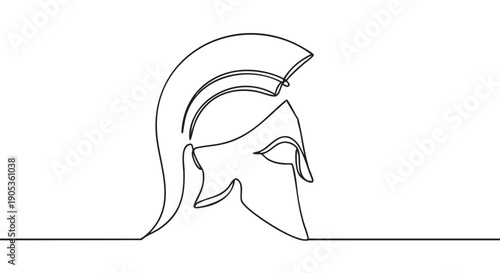 Continuous single line drawing of a historic Spartan helmet in a minimalist black and white style, representing ancient history, strength, and mythology with elegant simplicity